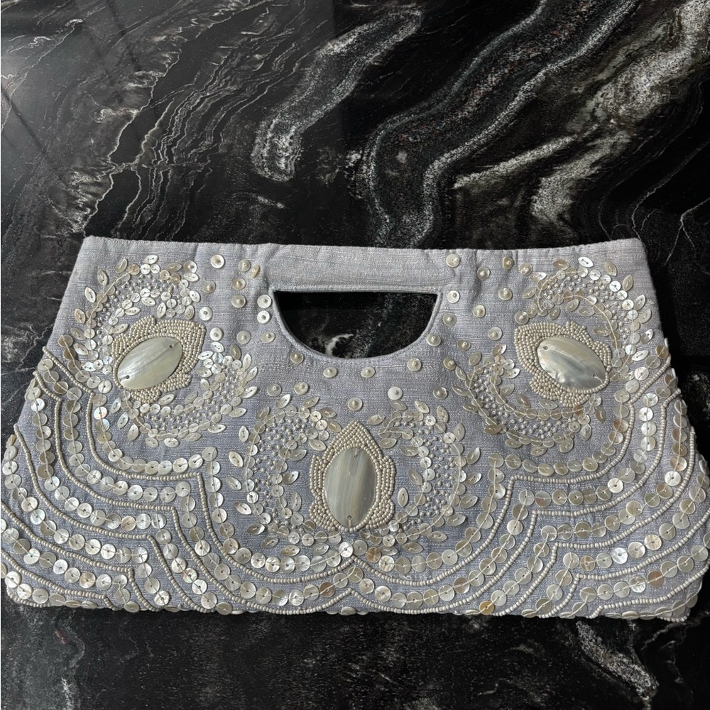 Moyna Silver Beaded Embellished Clutch